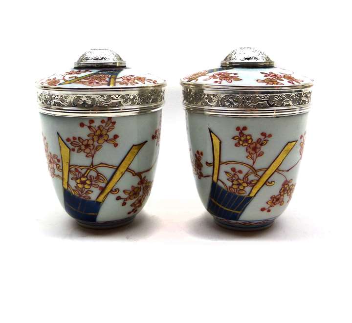 Pair of Regence silver mounted Japanese Imari porcelain pots and covers